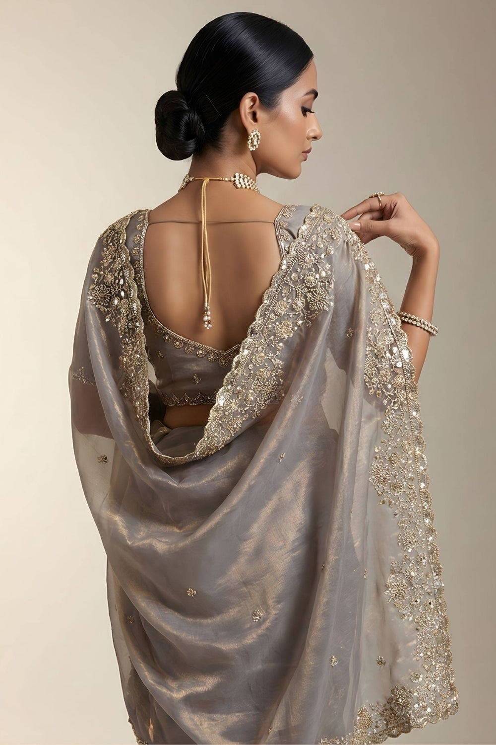 Satin Silk Embroidery and Sequins Work Saree