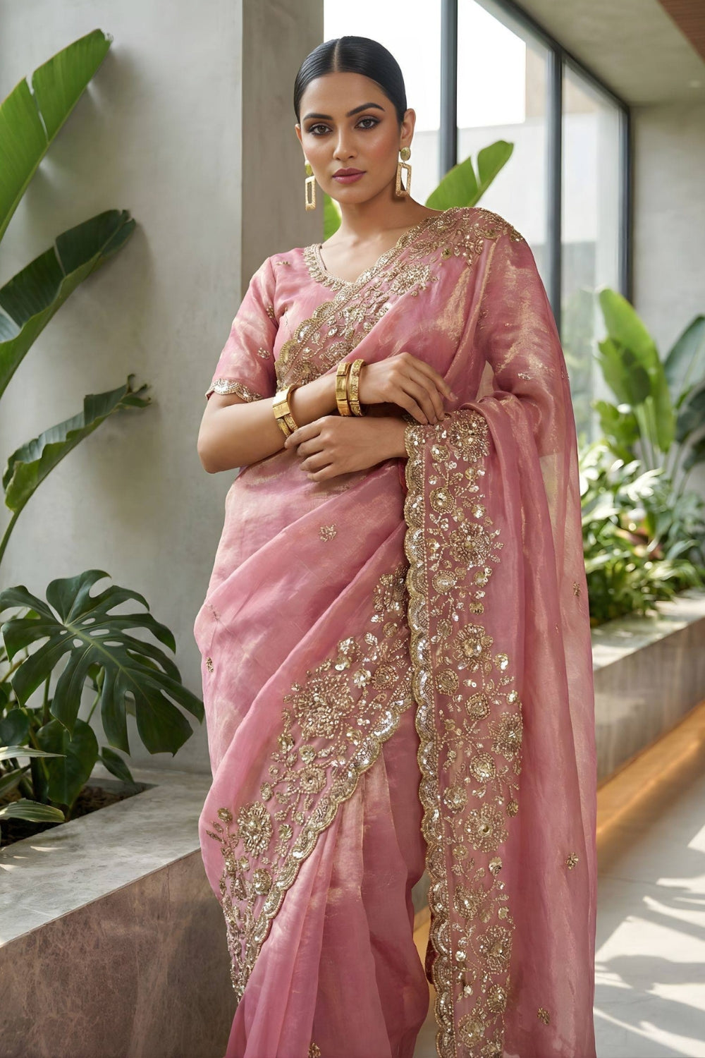 Satin Silk Embroidery and Sequins Work Saree