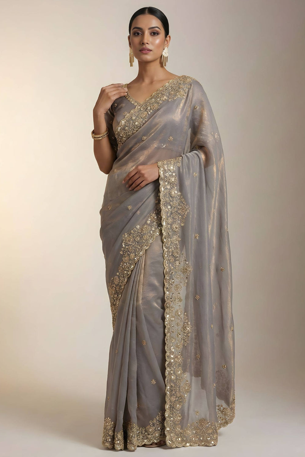 Satin Silk Embroidery and Sequins Work Saree