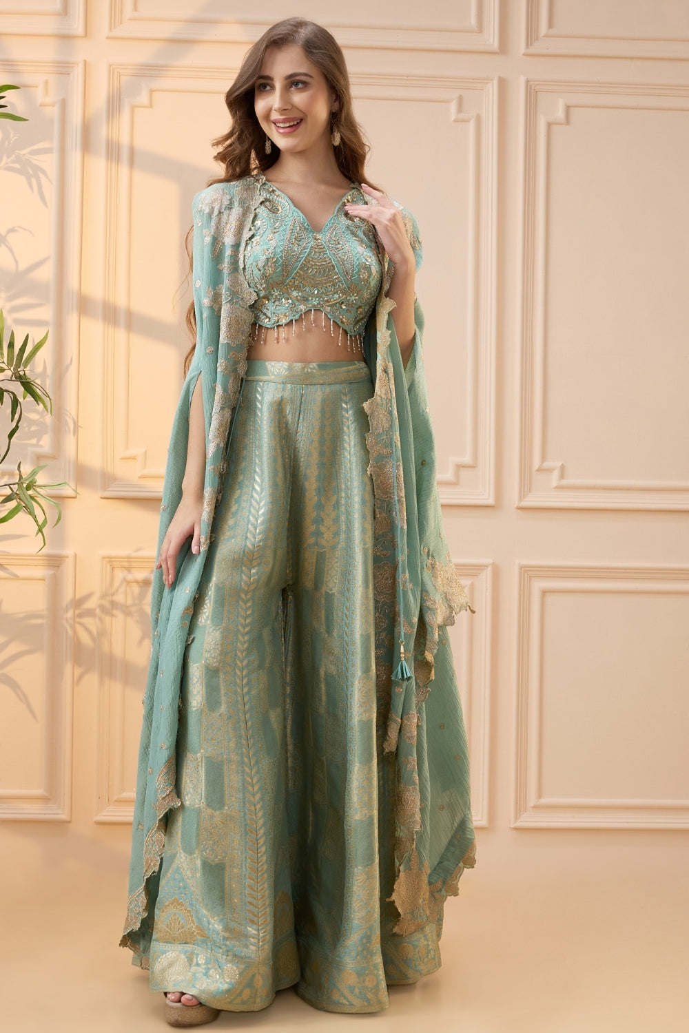 Sea Blue Silk Palazzo Set with Cutdana and Moti Work
