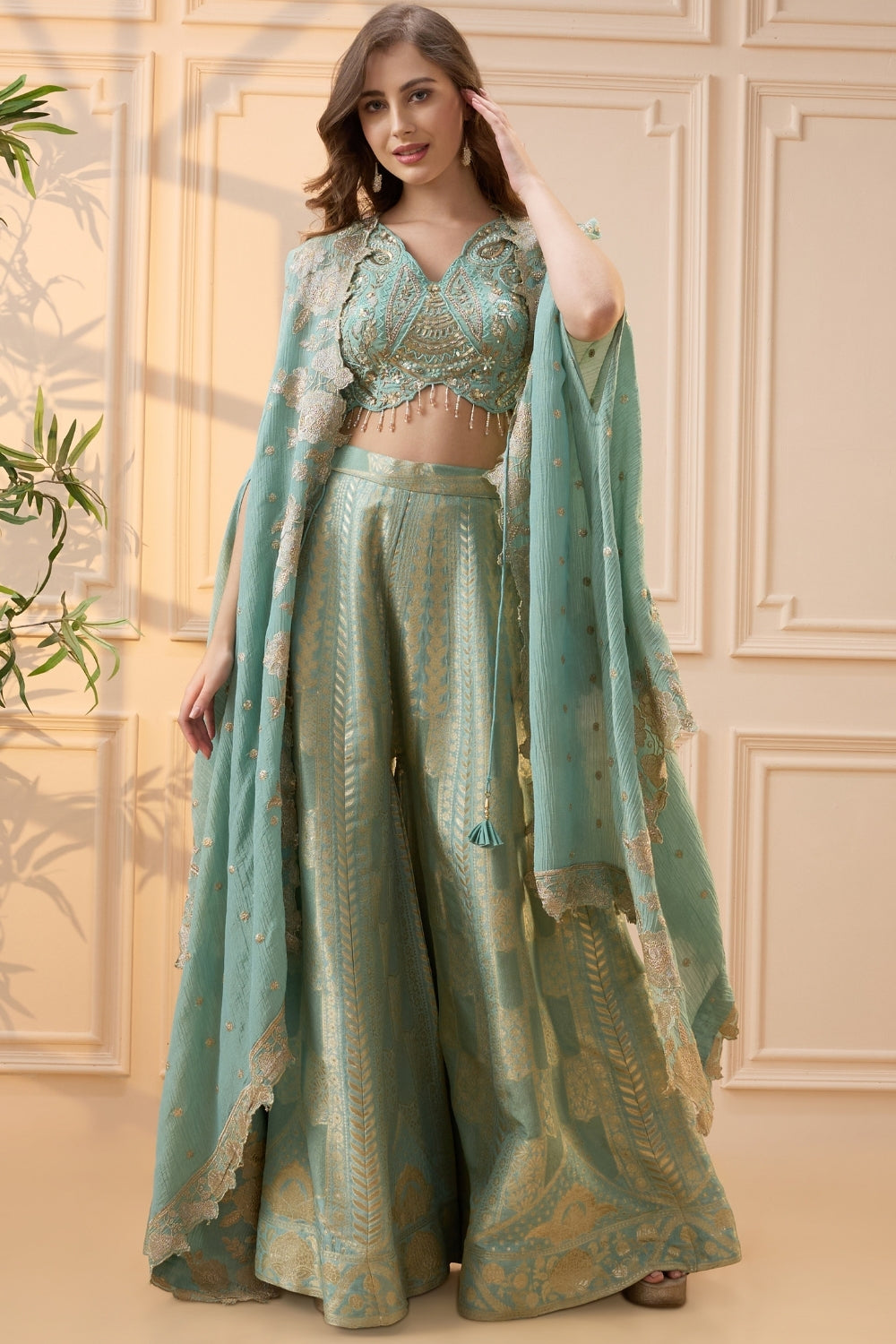 Sea Blue Silk Palazzo Set with Cutdana and Moti Work