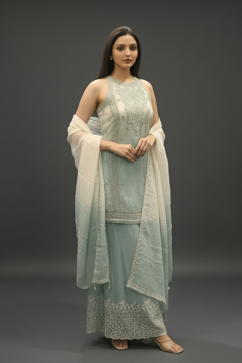 Sea Green Organza Indo Western with Pearl and Cutdana Work