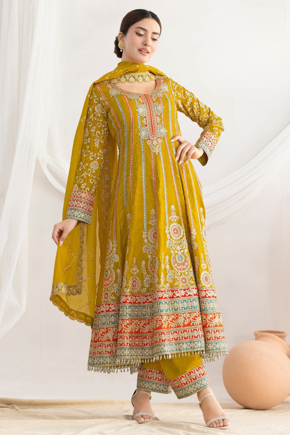 Silk Anarkali Set with Resham Embroidery and Stone Work