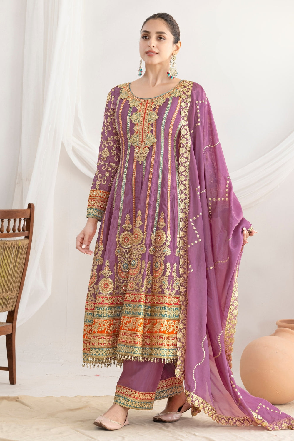 Silk Anarkali Set with Resham Embroidery and Stone Work