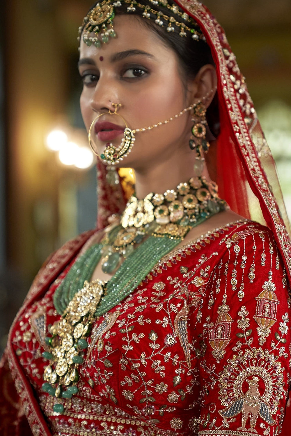 Silk Bridal Lehenga Set with Embroidery and Moti Work