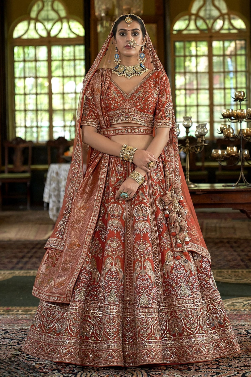 Silk Bridal Lehenga Set with Embroidery and Moti Work