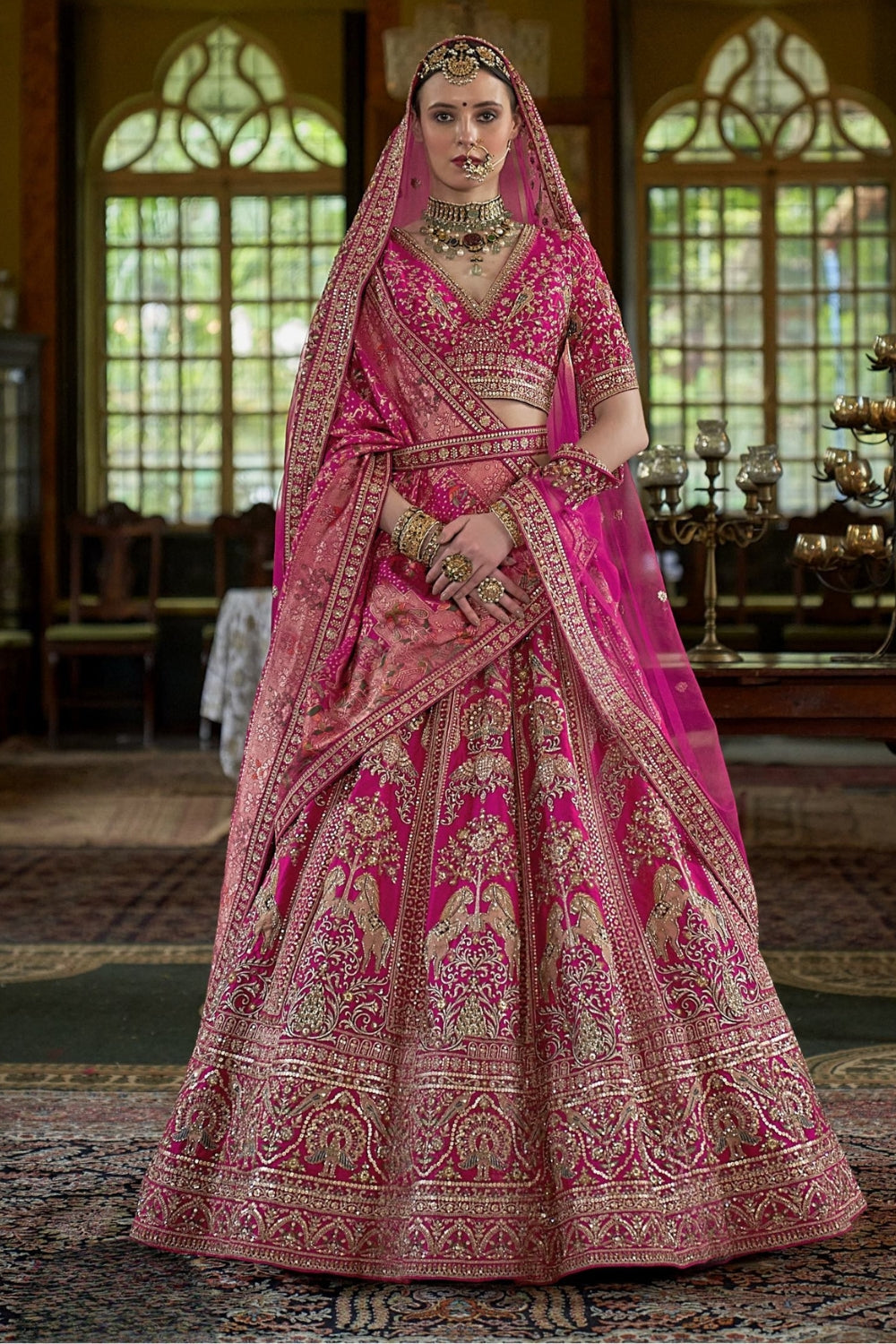 Silk Bridal Lehenga Set with Embroidery and Moti Work