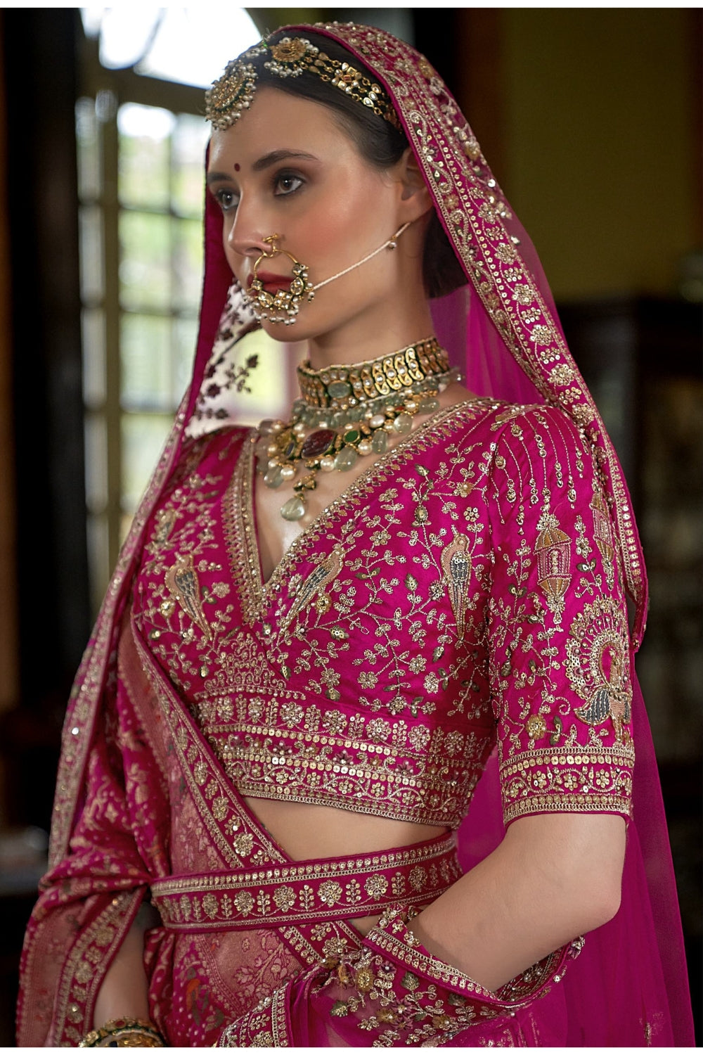 Silk Bridal Lehenga Set with Embroidery and Moti Work