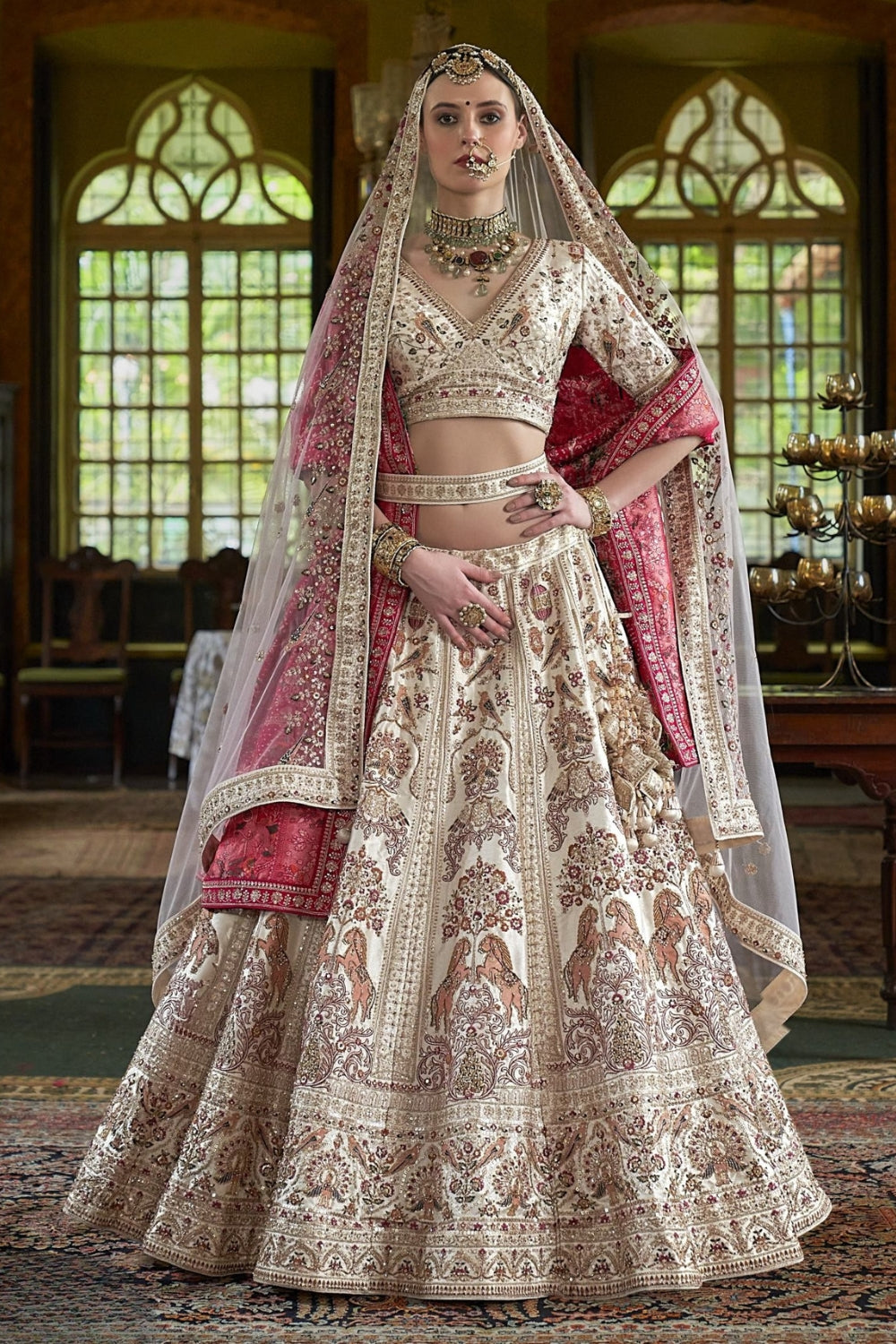 Silk Bridal Lehenga Set with Embroidery and Moti Work