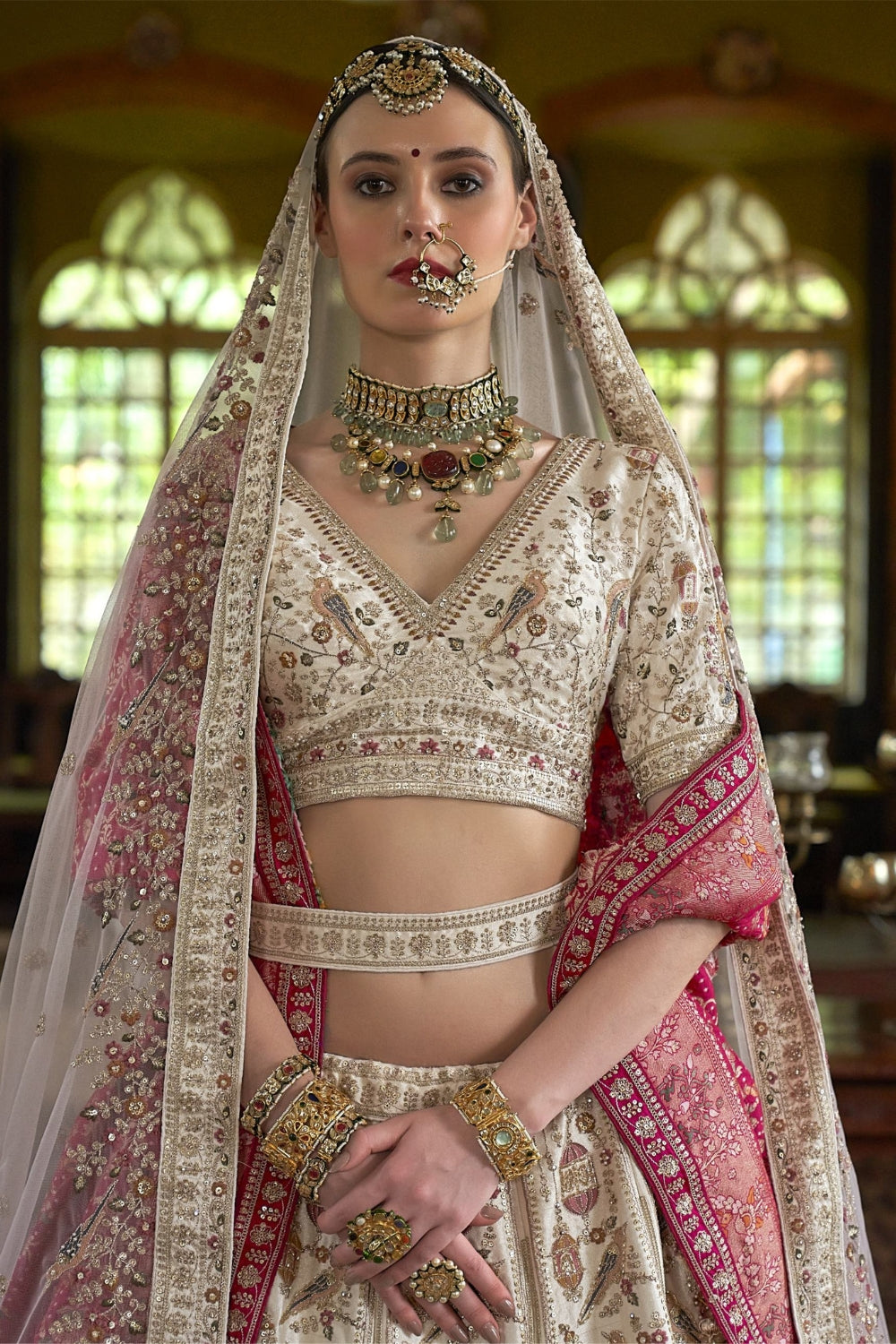 Silk Bridal Lehenga Set with Embroidery and Moti Work