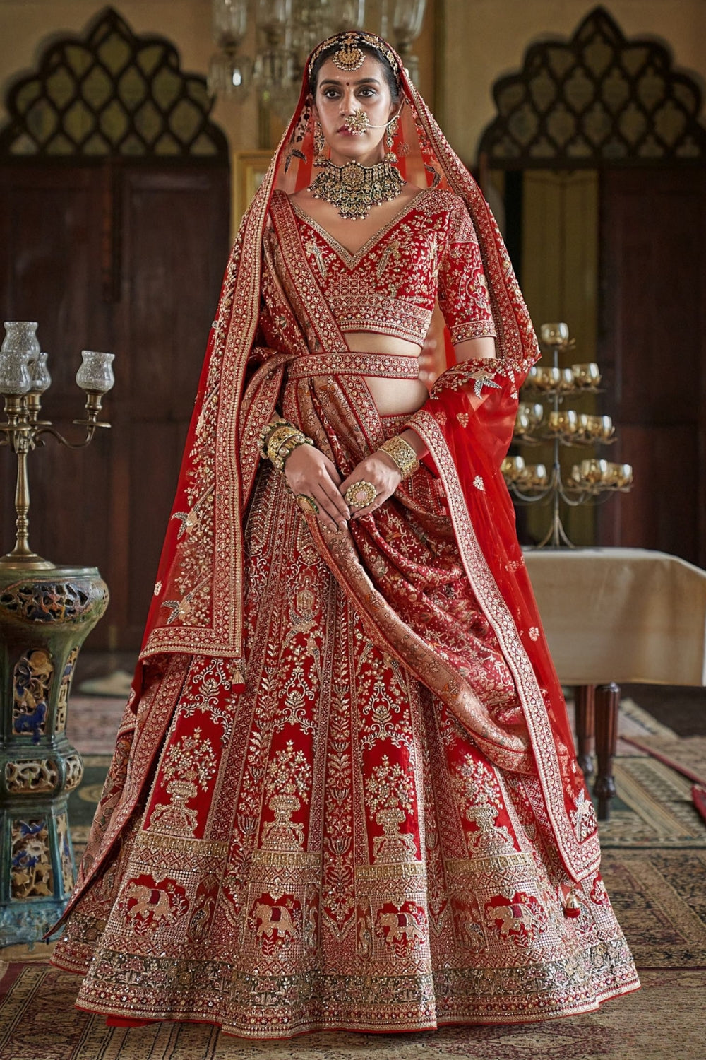 Silk Bridal Lehenga Set with Sequins and Moti Work