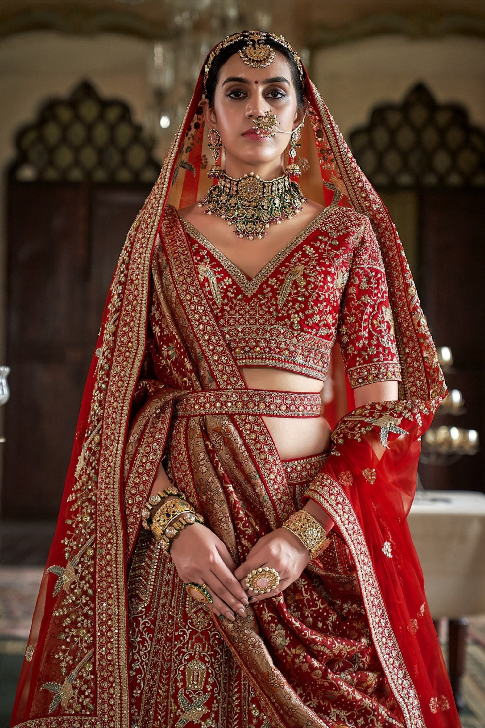 Silk Bridal Lehenga Set with Sequins and Moti Work