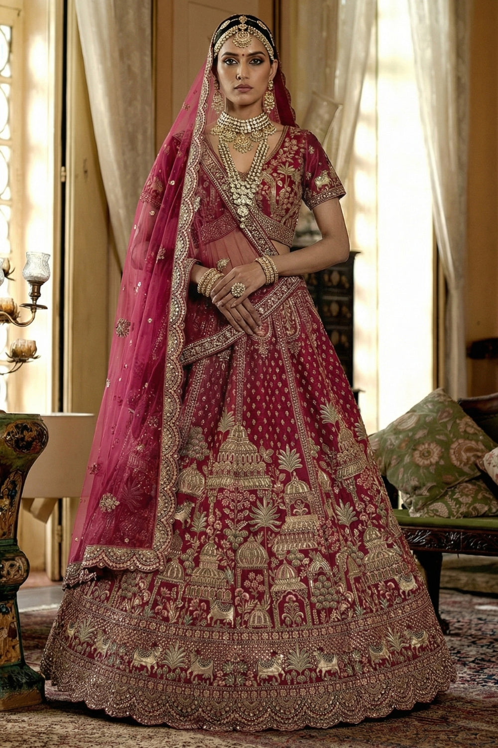 Silk Bridal Lehenga Set with Zardosi and Stone Work