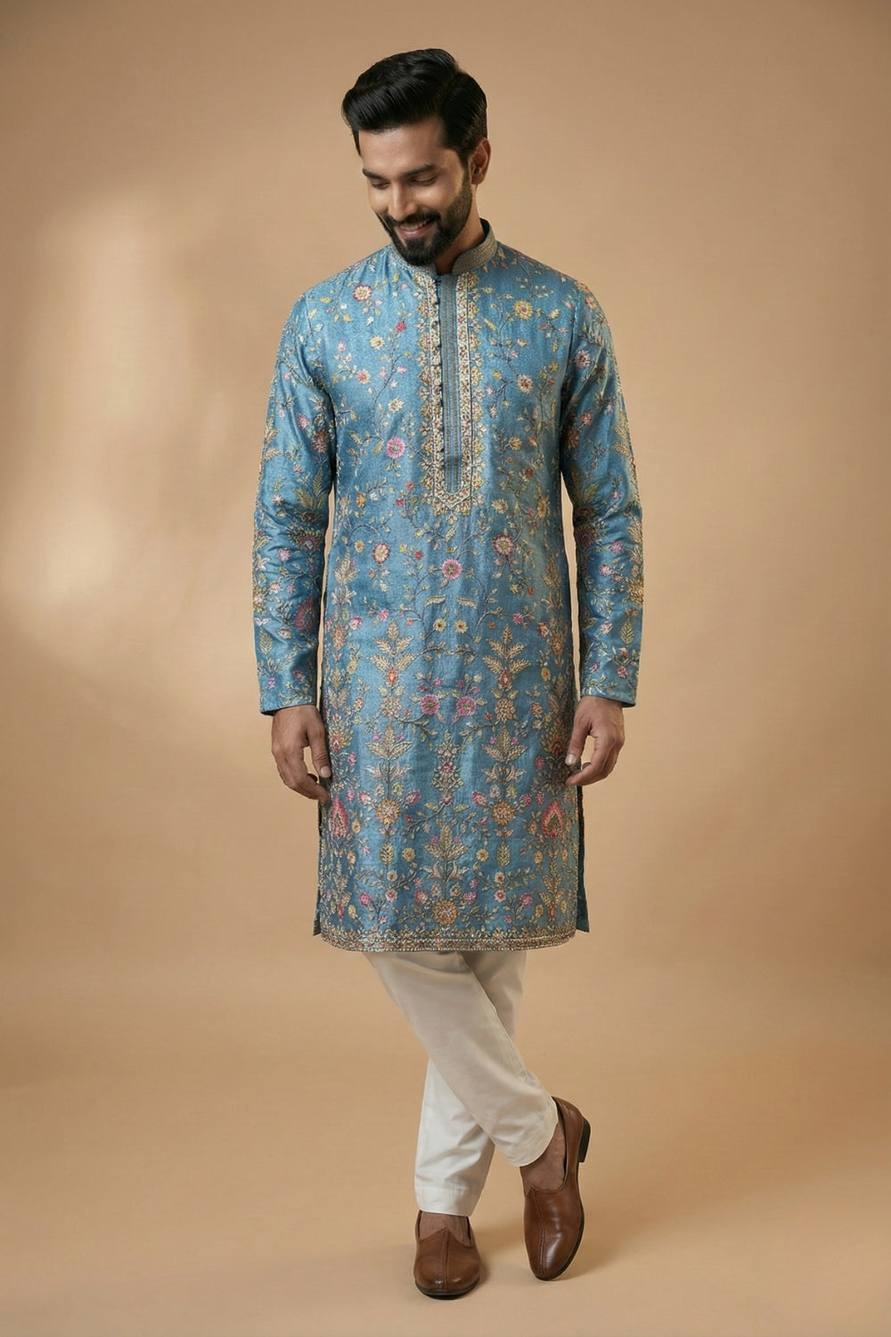 Silk Kurta Set with Embroidery and Sequins Work