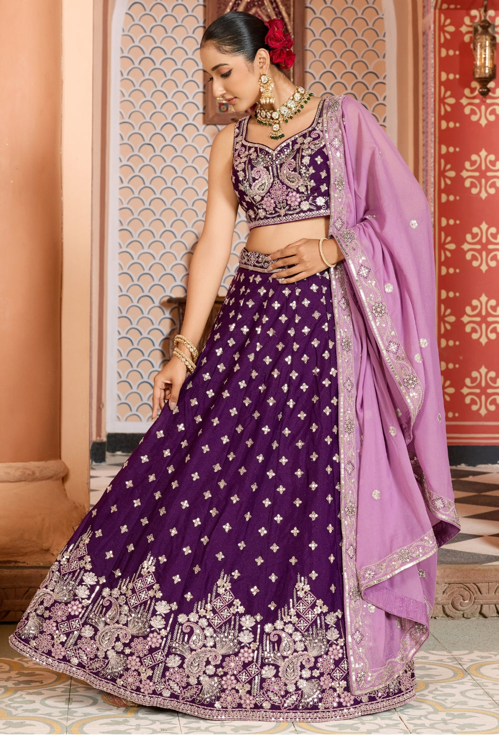 Silk Lehenga Set with Resham Embroidery and Sequins Work
