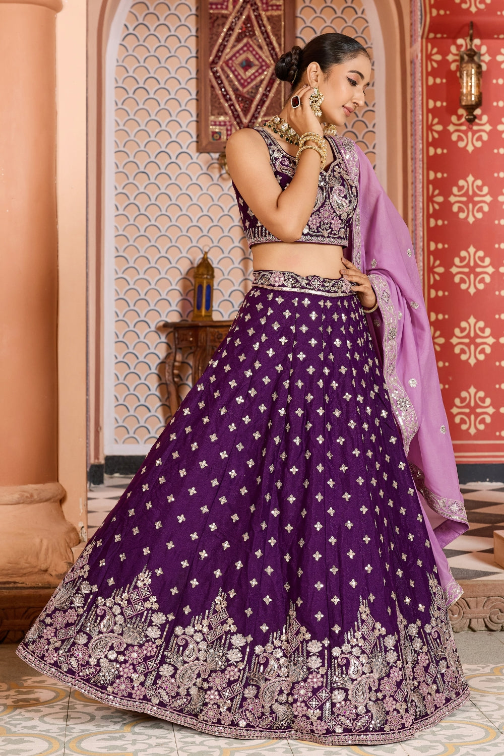 Silk Lehenga Set with Resham Embroidery and Sequins Work