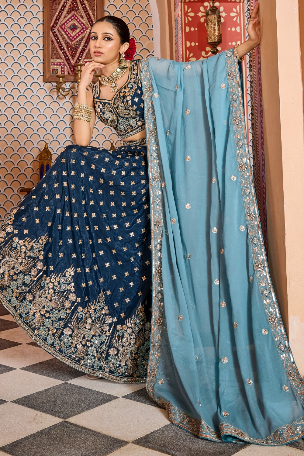 Silk Lehenga Set with Resham Embroidery and Sequins Work