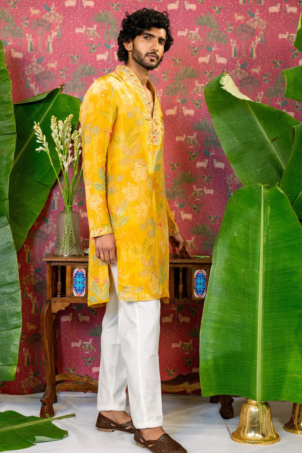 Yellow Silk Suit with Mirror & Resham Embroidery and White Pants