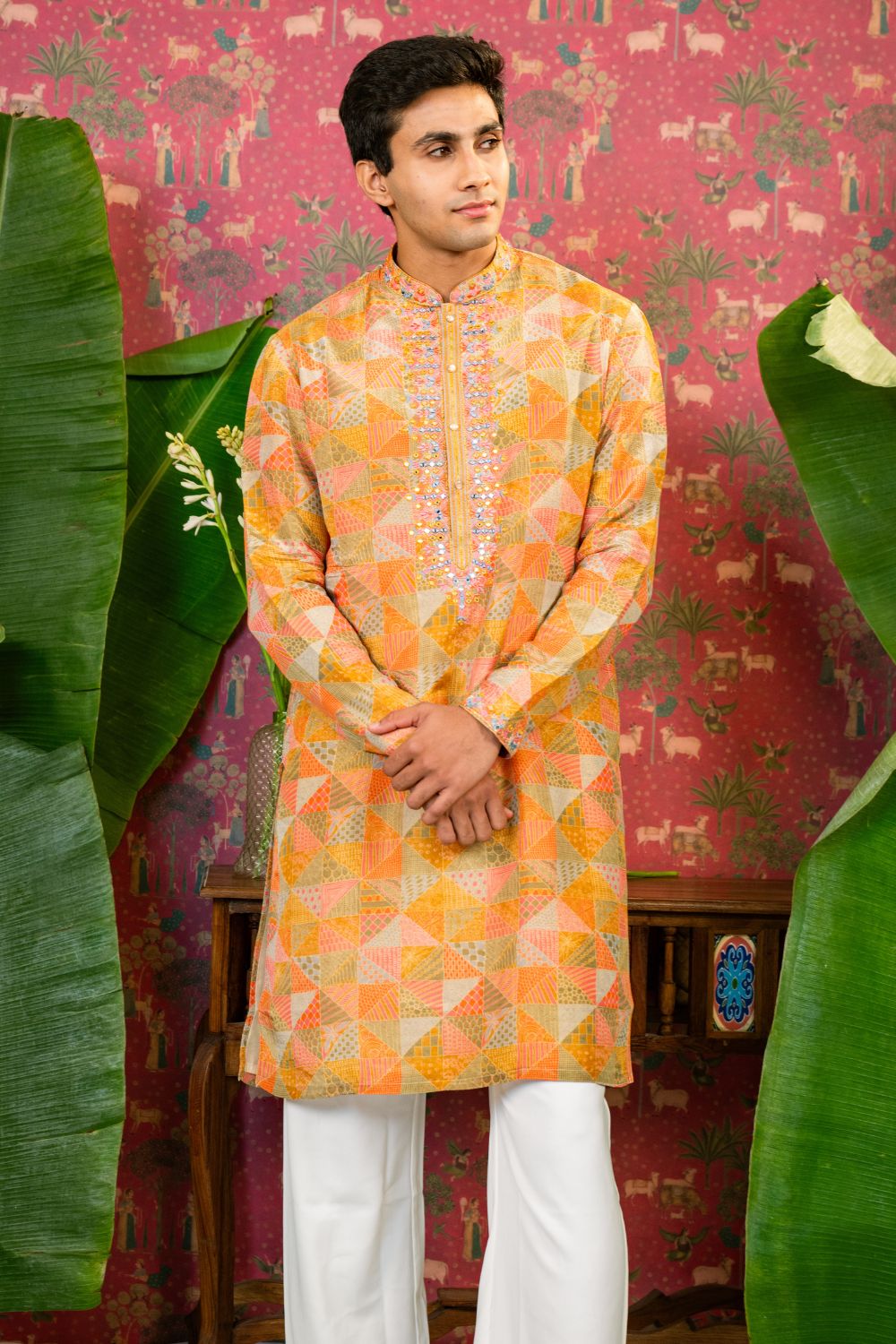 Multi-Color Silk Suit with Mirror & Resham Embroidery and White Parallel Pants