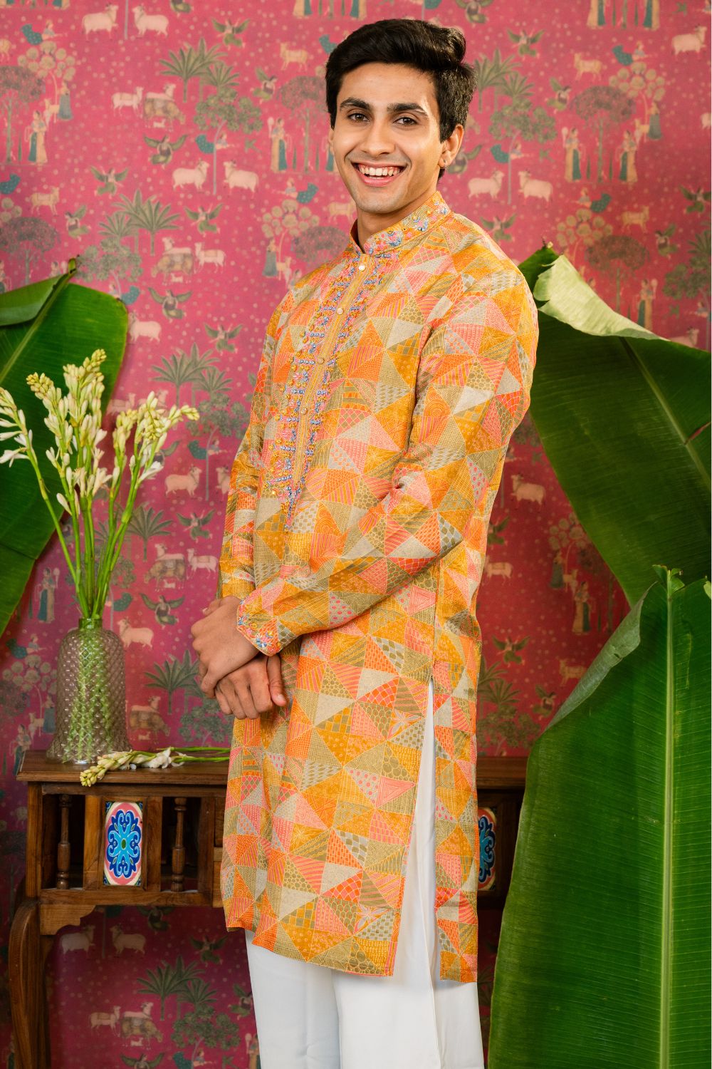 Multi-Color Silk Suit with Mirror & Resham Embroidery and White Parallel Pants