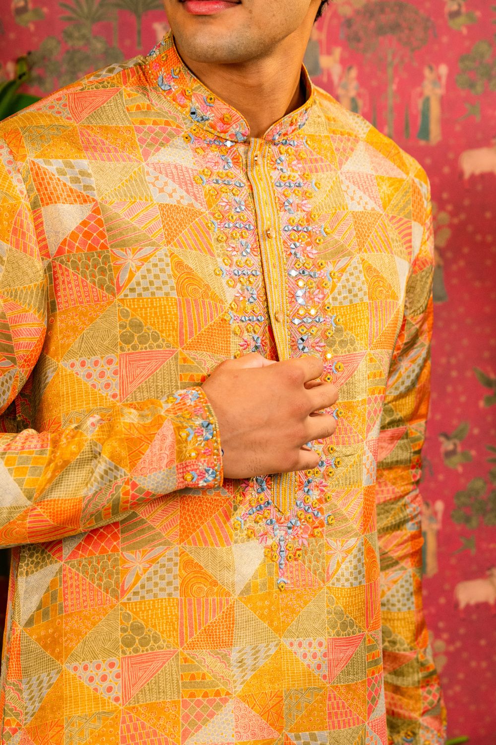 Multi-Color Silk Suit with Mirror & Resham Embroidery and White Parallel Pants