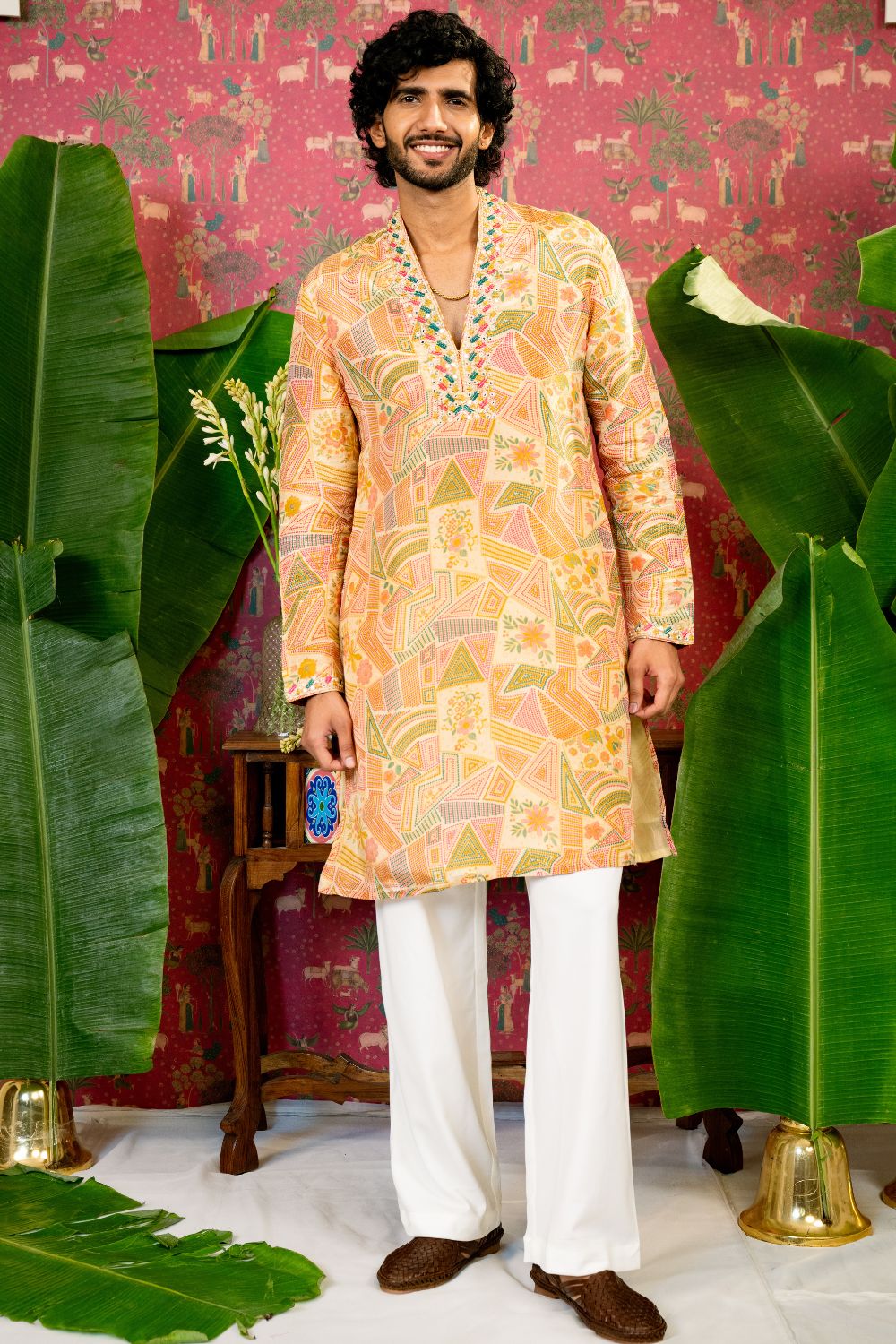 Cream Silk Suit with Mirror & Resham Embroidery and White Parallel Pants