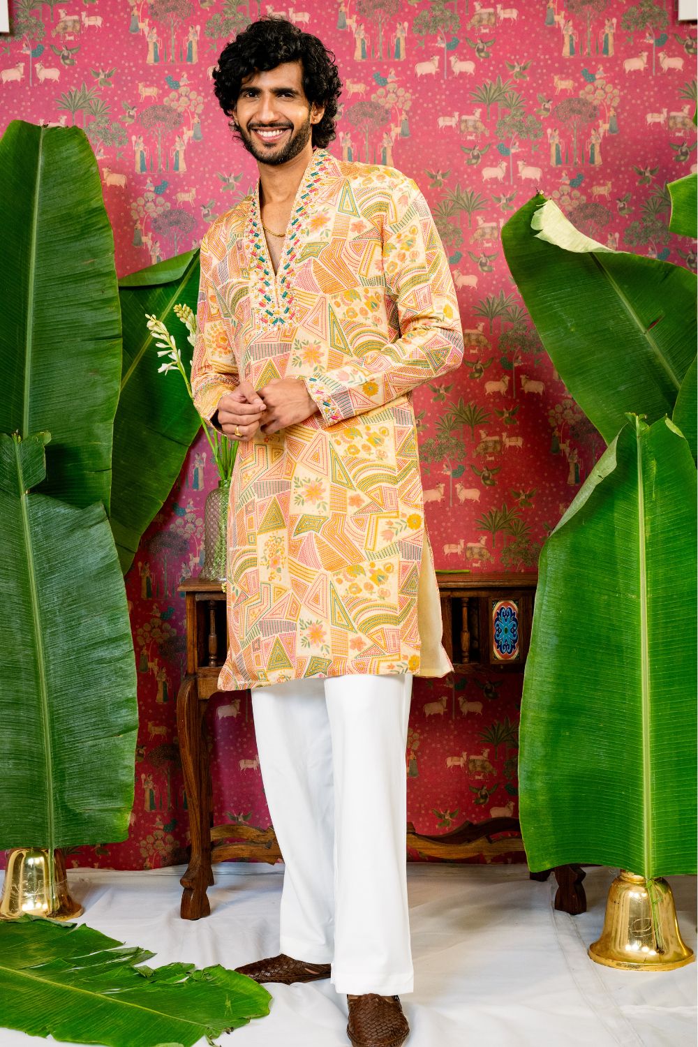 Cream Silk Suit with Mirror & Resham Embroidery and White Parallel Pants