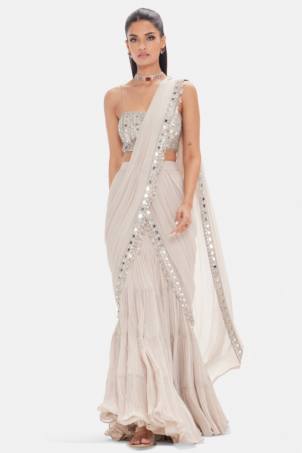 Silver Georgette Pre-Drape Saree with Mirror and Moti Work