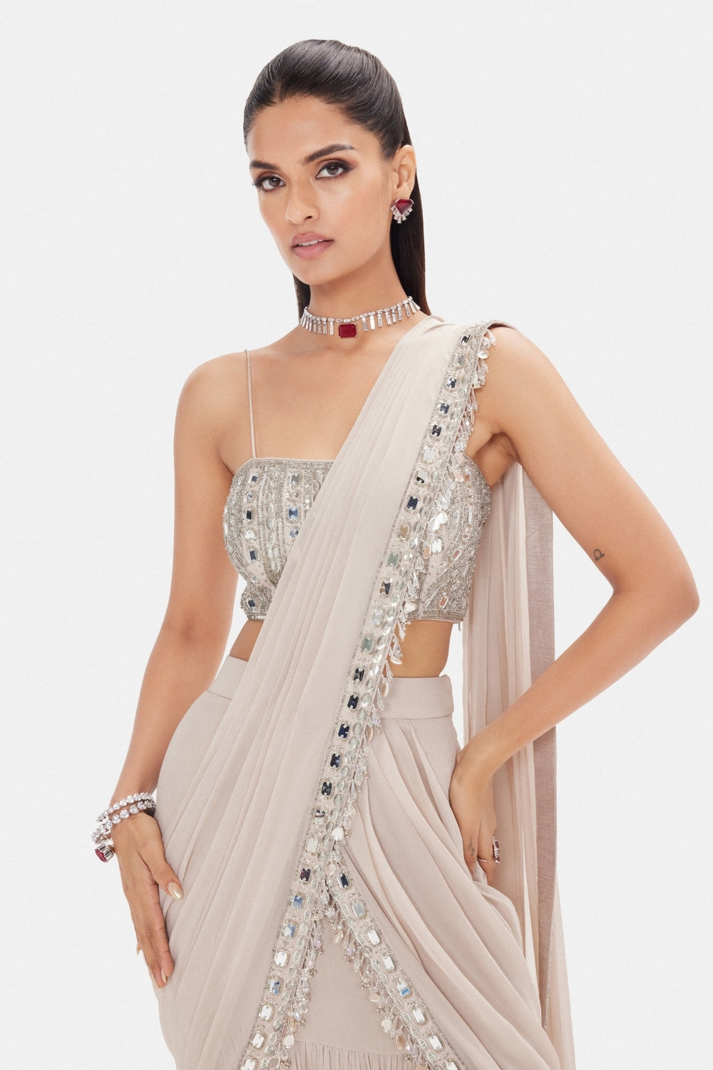 Silver Georgette Pre-Drape Saree with Mirror and Moti Work
