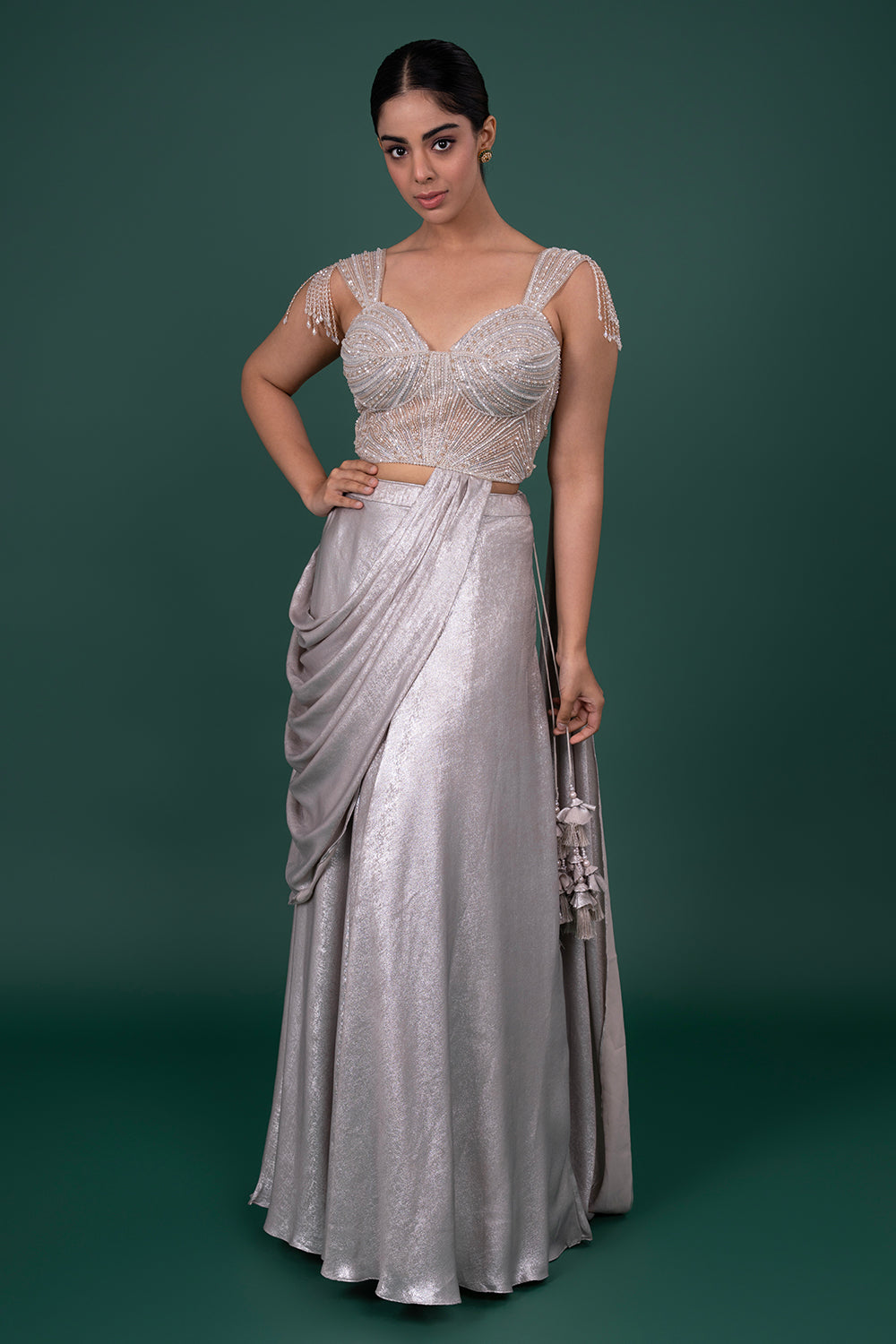 Silver Shimmer Drape Saree with Embriodered Corset