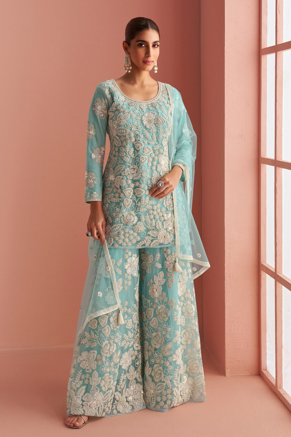 Sky Blue Net Palazzo Set with Cutdana and Sequins Work