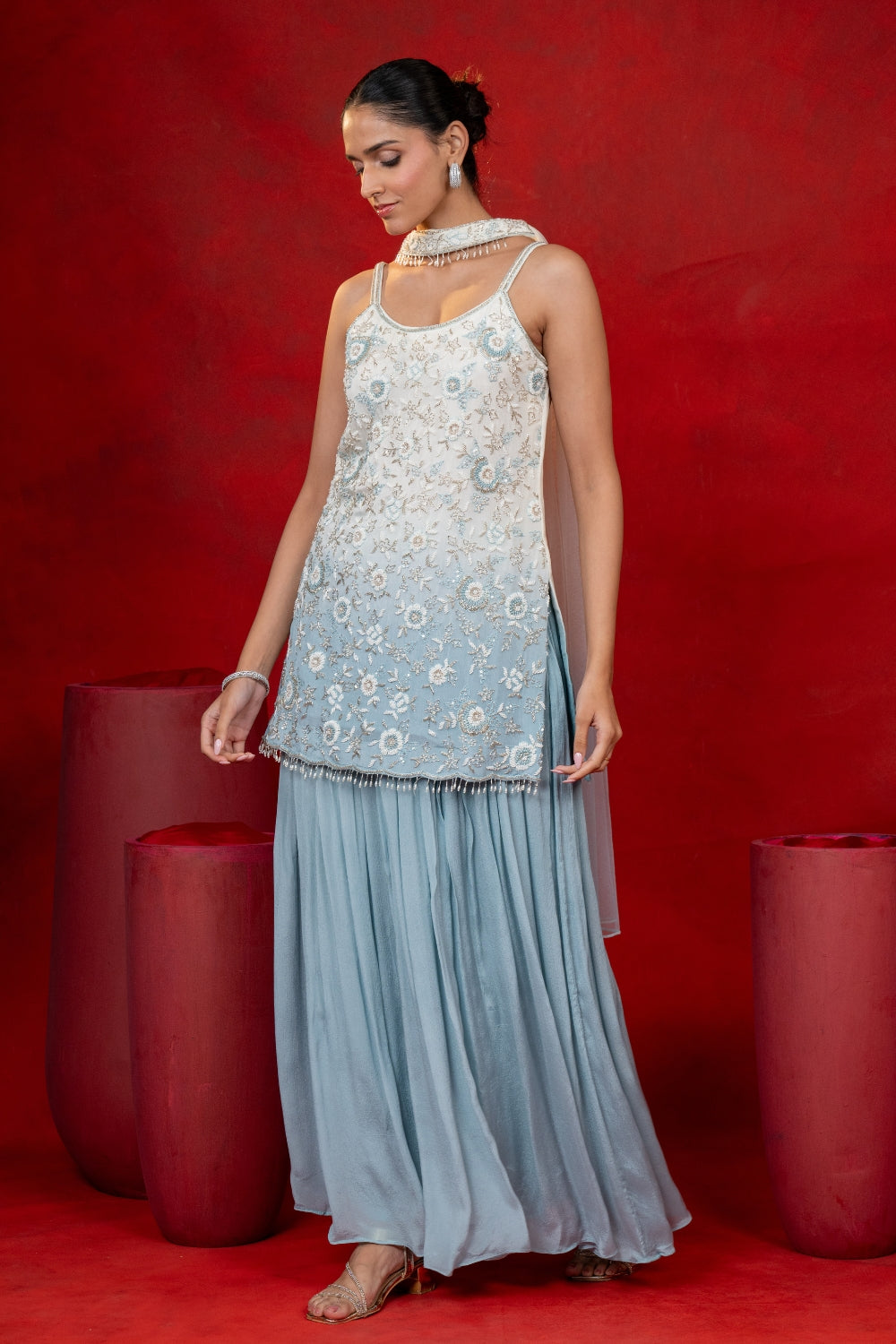 Sky Blue Ombre Crepe Silk Suit Set with Moti and Cutdana Work