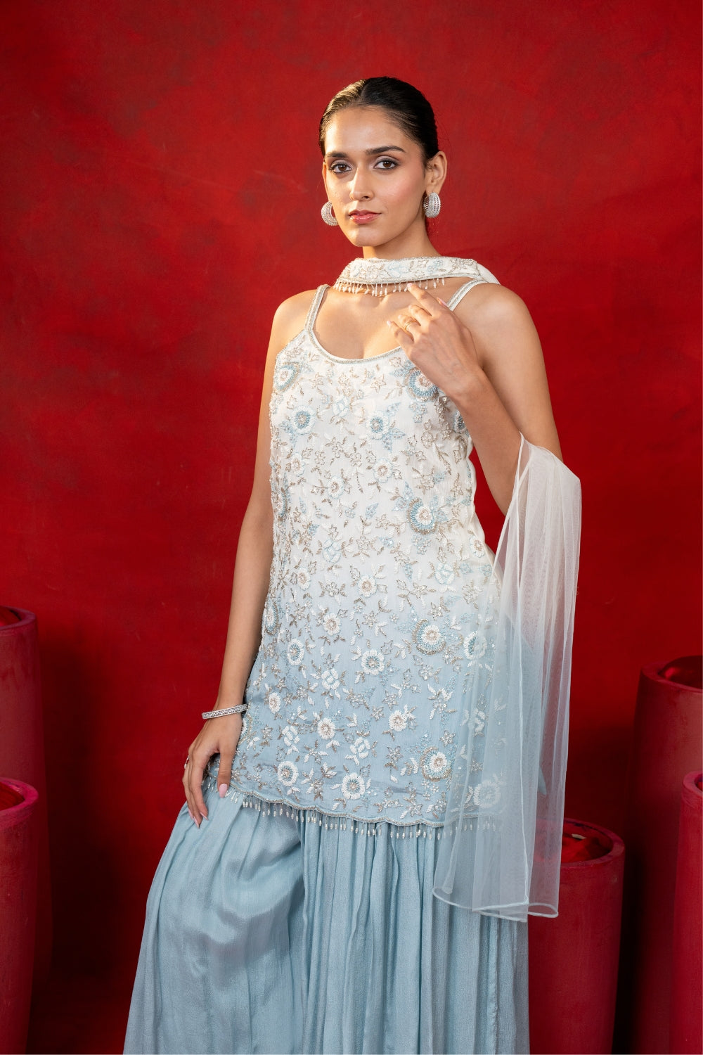 Sky Blue Ombre Crepe Silk Suit Set with Moti and Cutdana Work