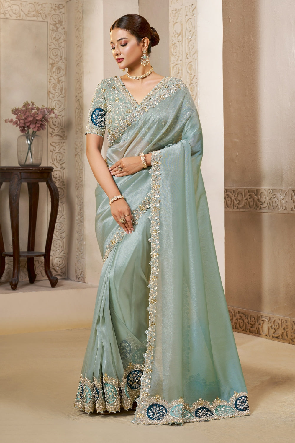 Sky Blue Organza Tissue Saree with Moti and Stone Work