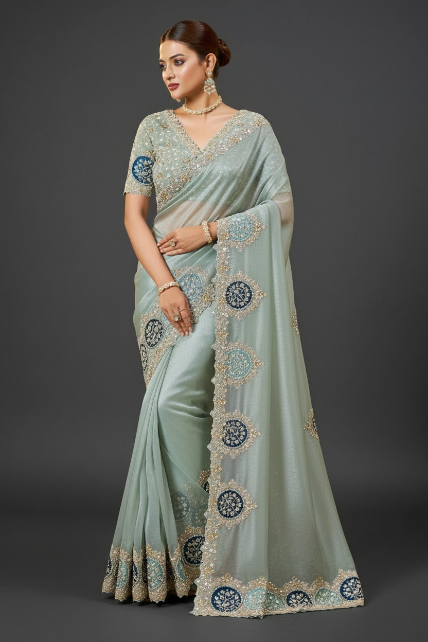 Sky Blue Organza Tissue Saree with Moti and Stone Work