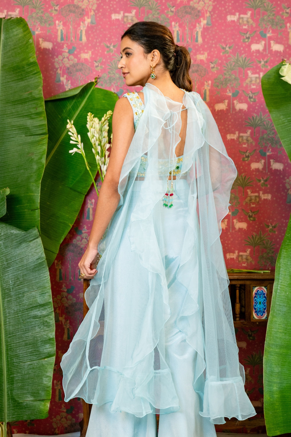 Sky Blue Silk Indo Western with Moti and Cutdana Work