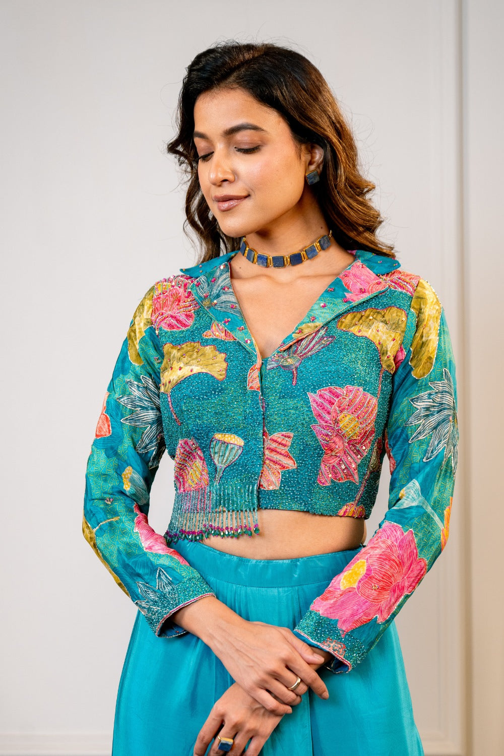 Sky Blue Silk Indo Western with Moti and Sequins Work