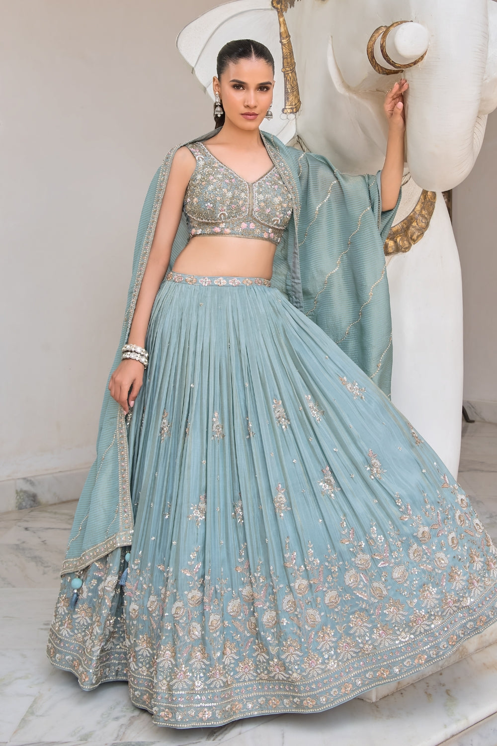 Sky Blue Tissue Lehenga Set with Zardosi and Moti Work