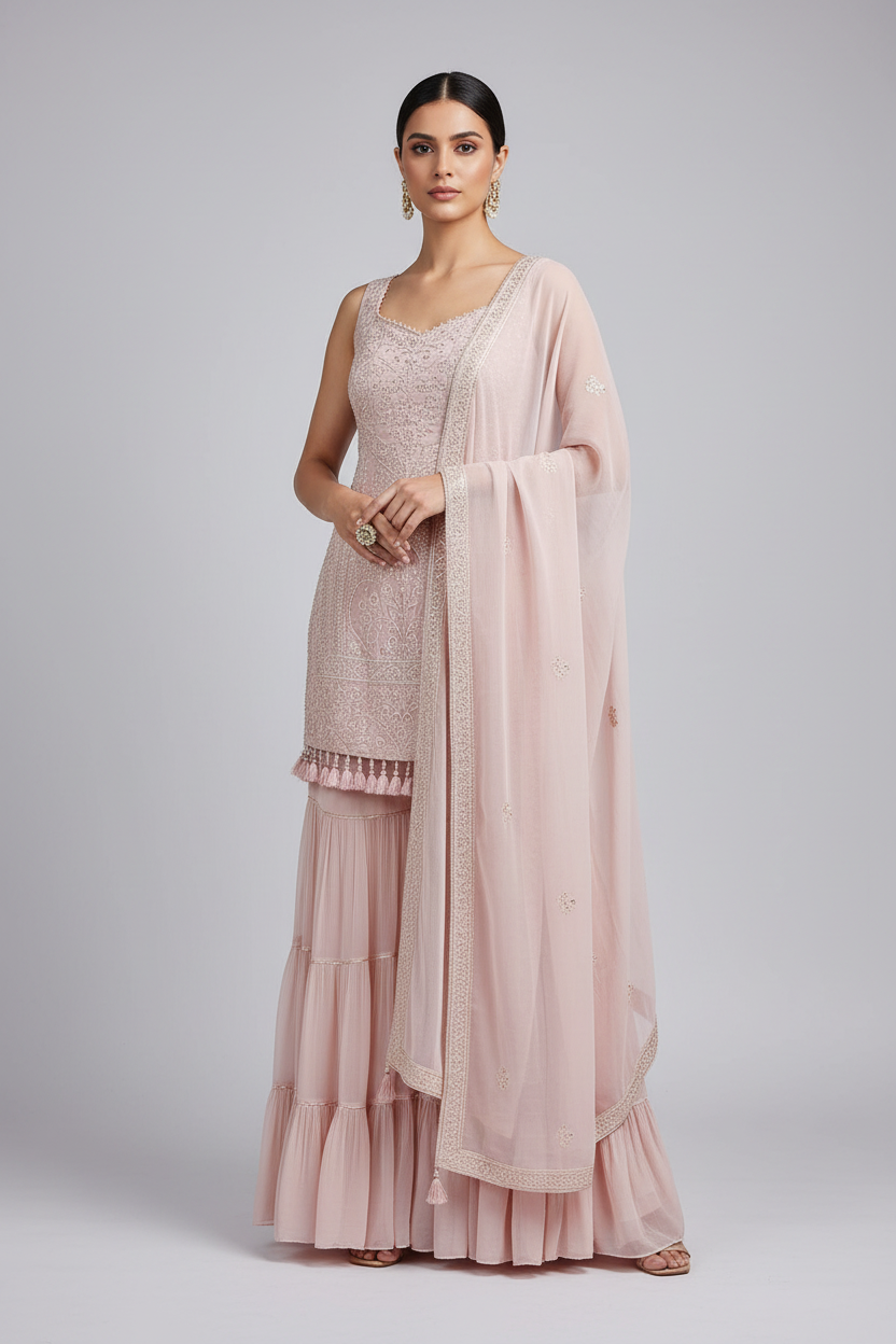 Soft Blush Georgette Sharara Set with Embroidery and Sequins Work