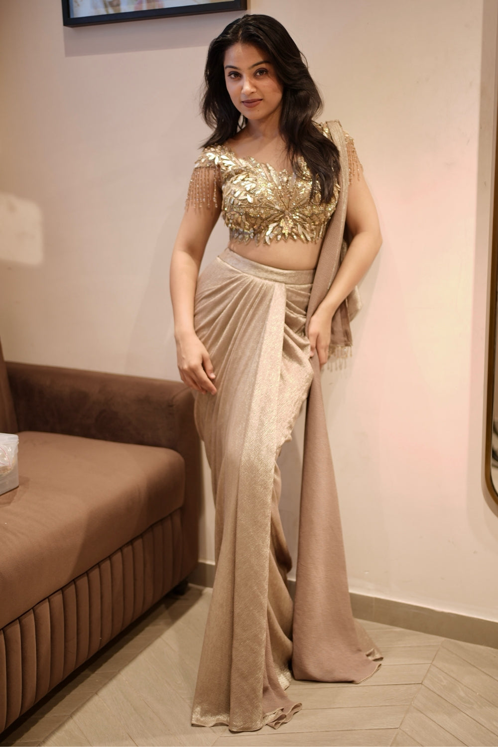 Soft Golden Shimmer Georgette Indo Western with Applique and Sequins Work