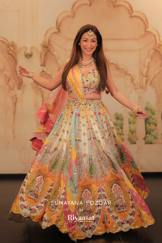 Multi Art Silk Printed Festive Lehanga with Mirror and Resham Work