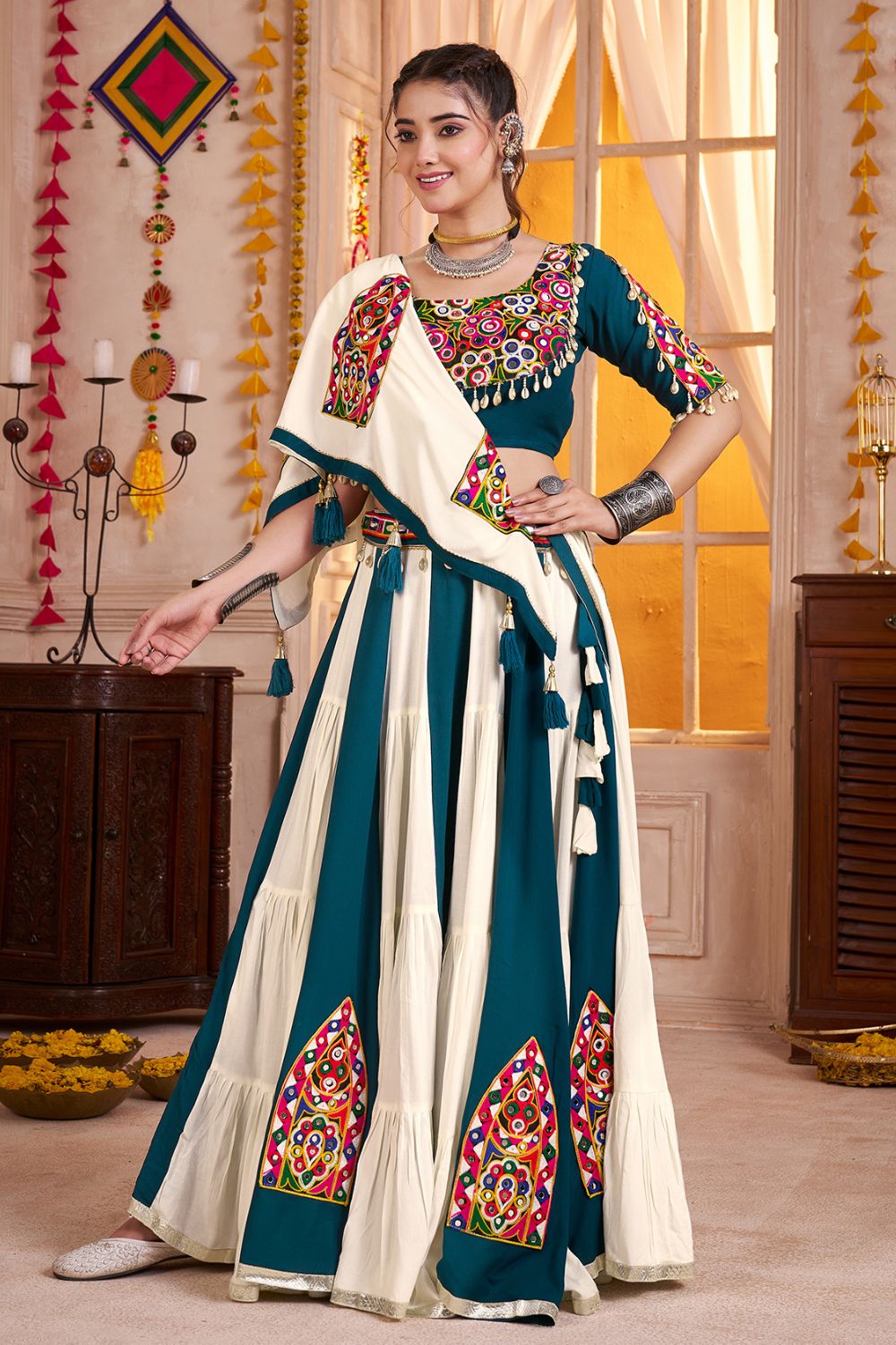 TEAL BLUE AND WHITE VISCOSE COTTON LEHENGA CHOLI WITH KUTCHI PATCH AND MIRROR WORK