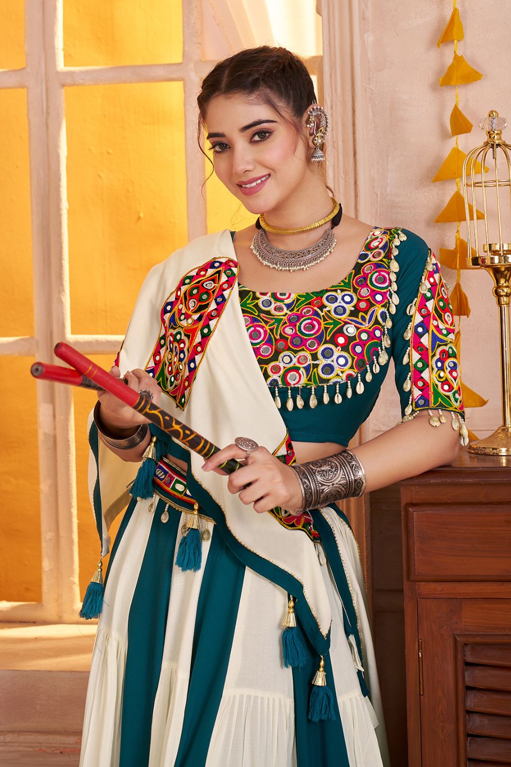 TEAL BLUE AND WHITE VISCOSE COTTON LEHENGA CHOLI WITH KUTCHI PATCH AND MIRROR WORK
