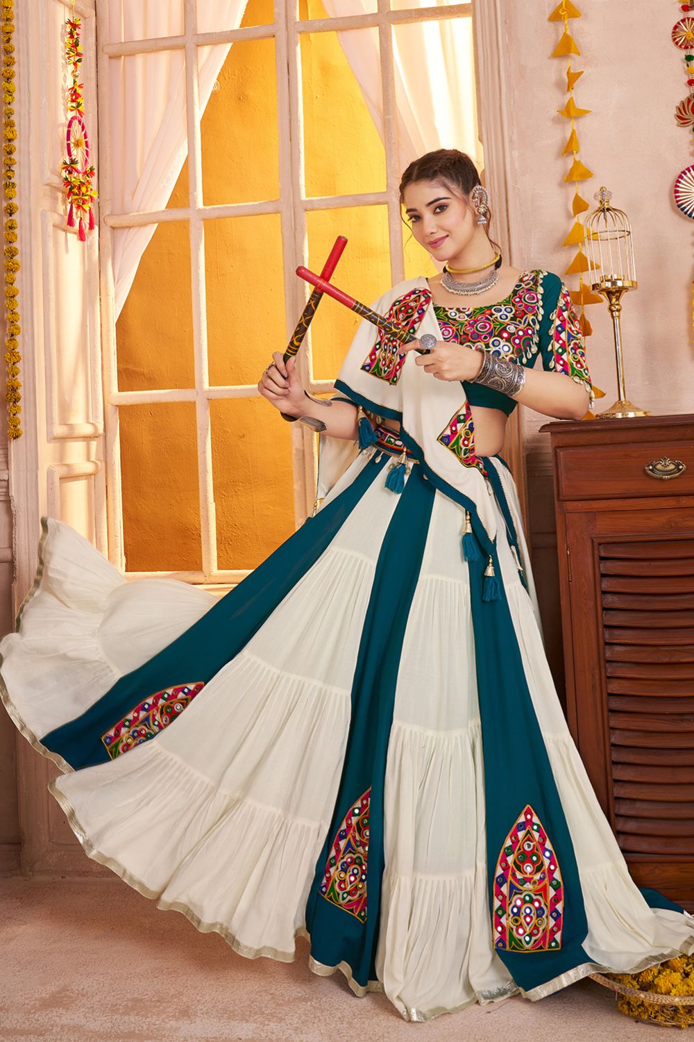 TEAL BLUE AND WHITE VISCOSE COTTON LEHENGA CHOLI WITH KUTCHI PATCH AND MIRROR WORK