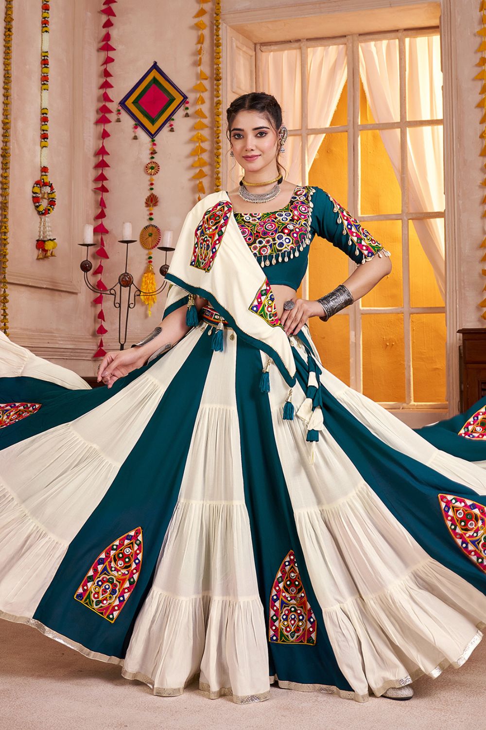 TEAL BLUE AND WHITE VISCOSE COTTON LEHENGA CHOLI WITH KUTCHI PATCH AND MIRROR WORK