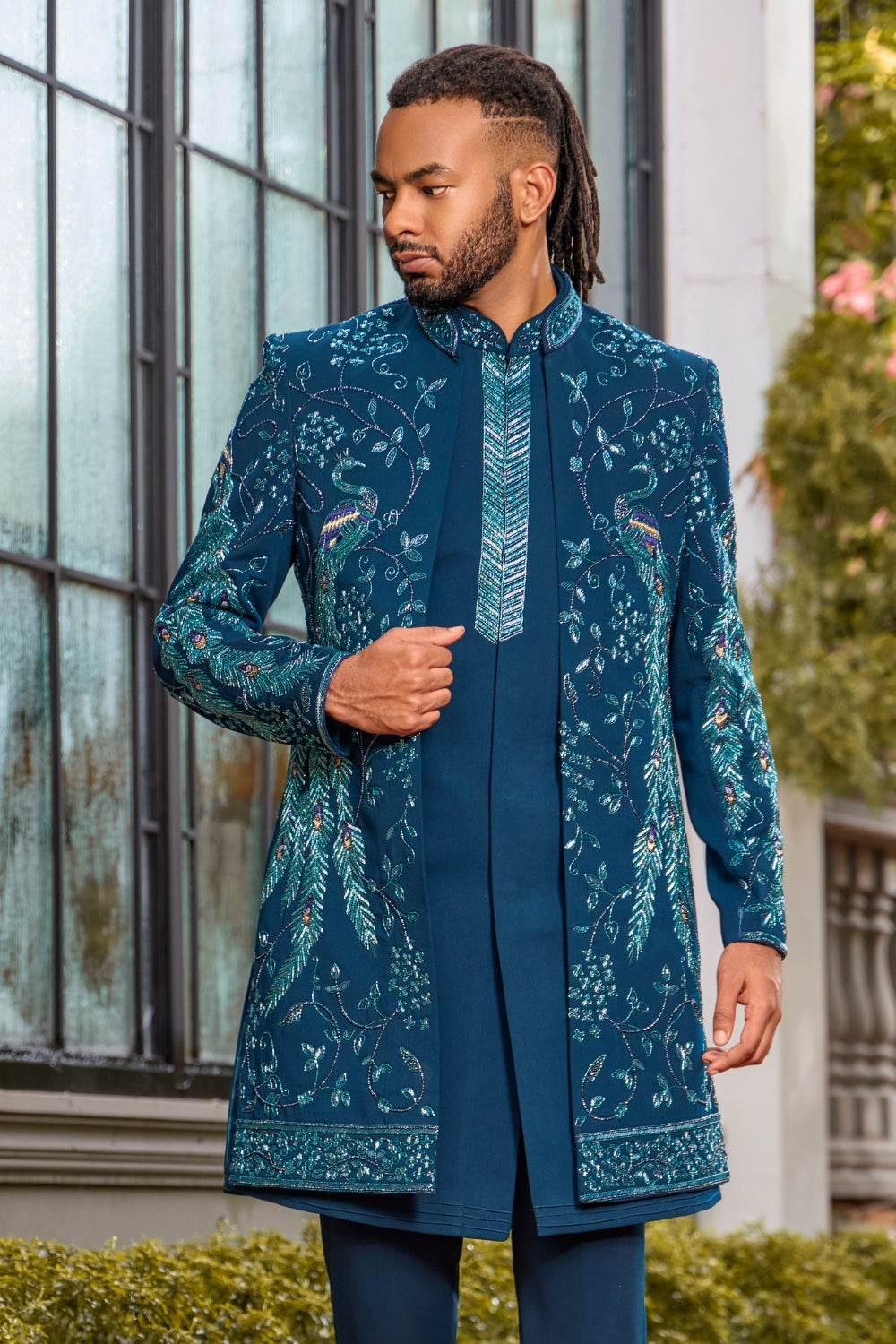 TEAL BLUE SILK INDO WESTERN WITH RESHAM EMBROIDERY AND MOTI