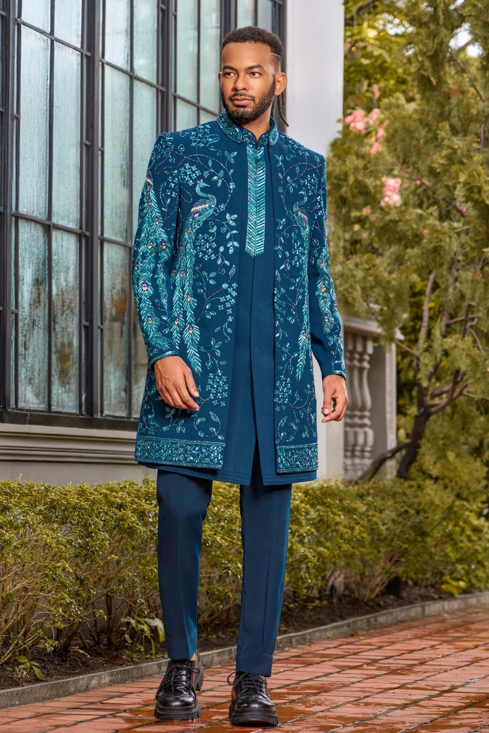TEAL BLUE SILK INDO WESTERN WITH RESHAM EMBROIDERY AND MOTI