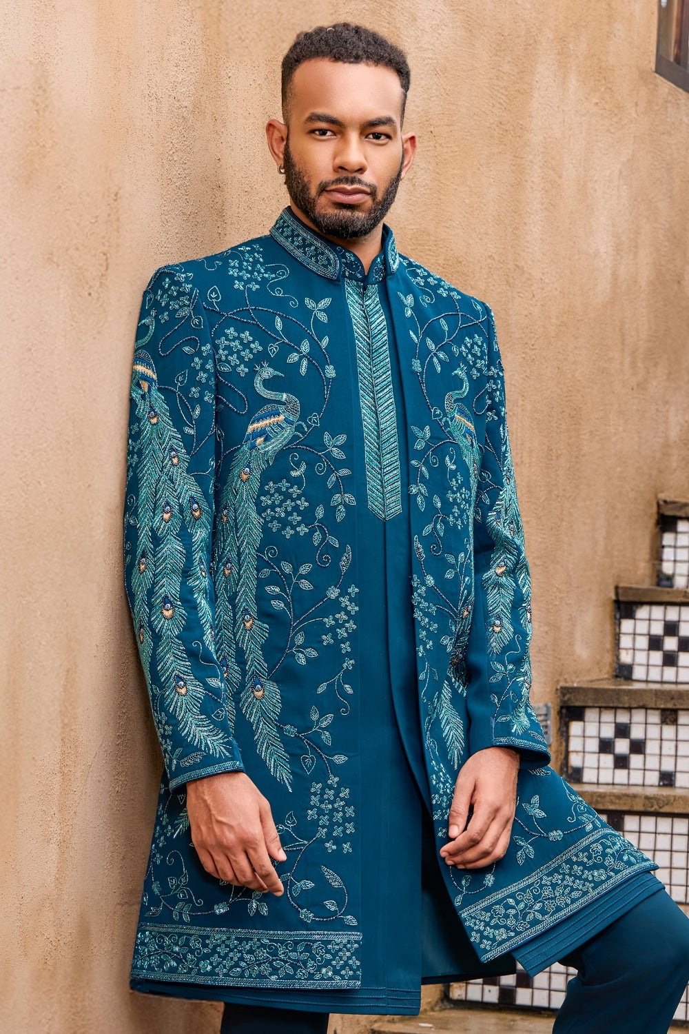 TEAL BLUE SILK INDO WESTERN WITH RESHAM EMBROIDERY AND MOTI