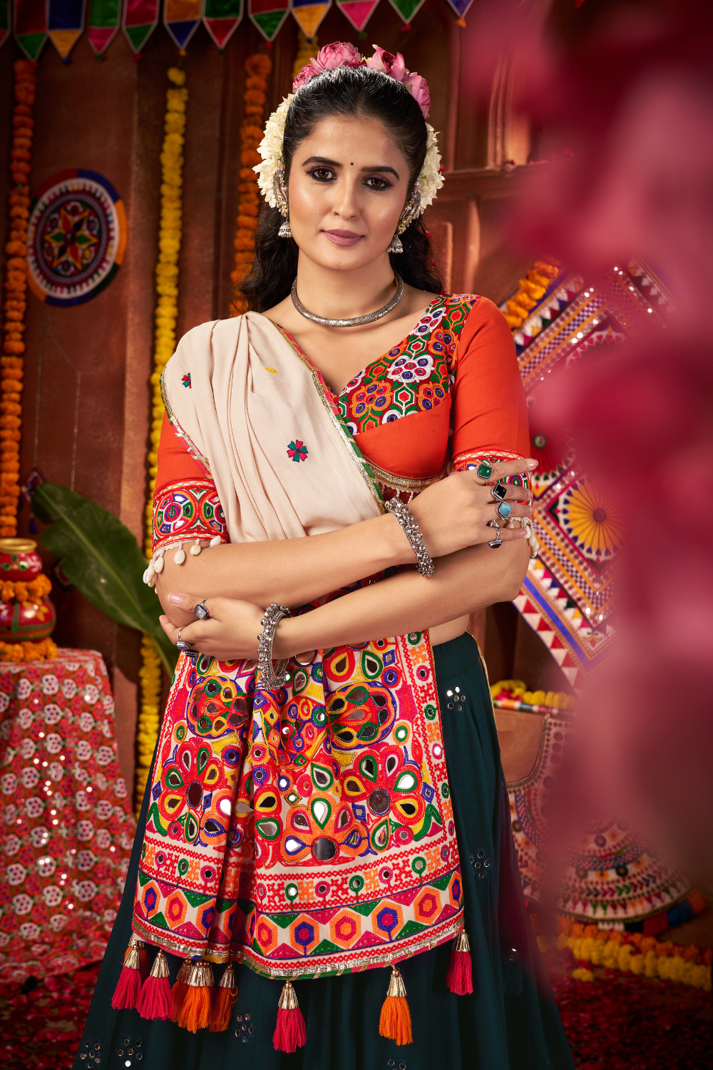 TEAL BLUE VISCOSE COTTON NAVRATRI LEHENGA CHOLI THREAD WITH LAMPI BORDER
