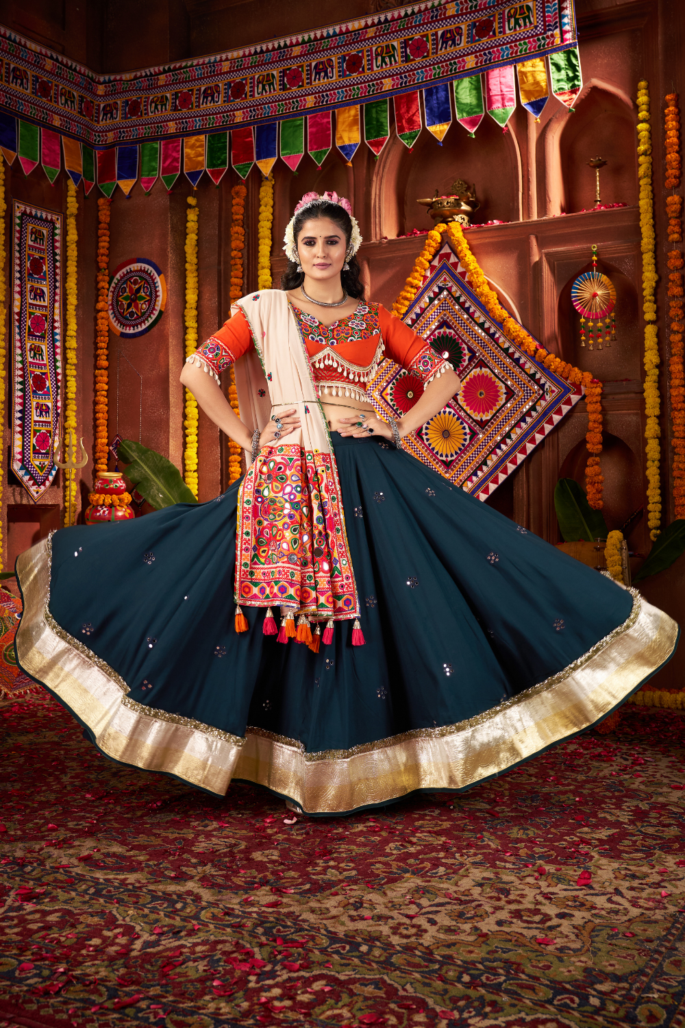 TEAL BLUE VISCOSE COTTON NAVRATRI LEHENGA CHOLI THREAD WITH LAMPI BORDER